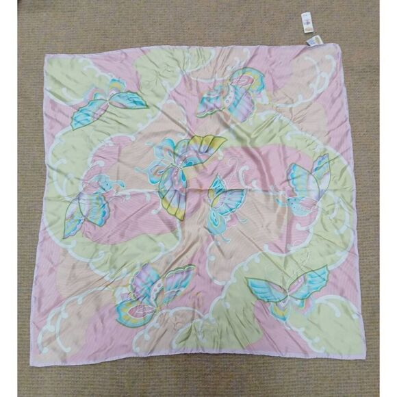 Talbots womens square 100% silk scarf pink lime green - Picture 2 of 6